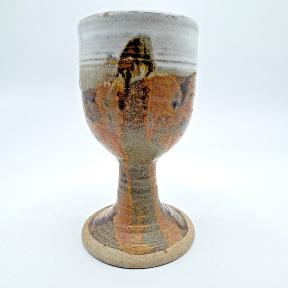 Studio Art Pottery Goblet Chalice Cup Textured Brown Gray Stoneware Signed #2 - Picture 3 of 10